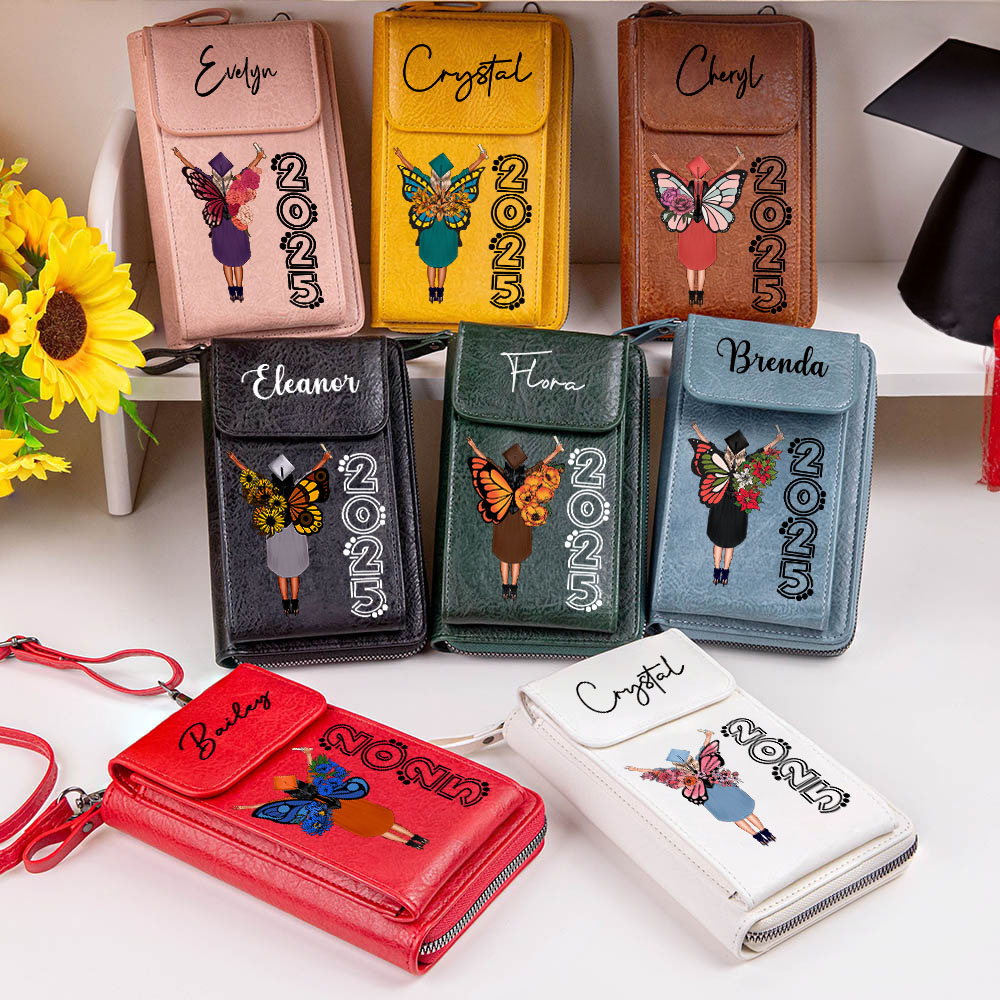 Personnalisé Naissance Fleur Papillon Graduation Portable Cuir PU Sac portefeuille avec sangle Accessoires de voyage Cadeau d'anniversaire pour les diplômés