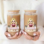 Personalised Cartoon Manicurist Name 20 oz Frosted or Clear Glass Cup with Lid and Straw Beauty Salon Opening Birthday Gift for Nail Technicians