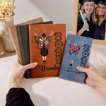 Personalized Birth Flower Butterfly Cartoon Graduate A5 A6 Leather Lined Notebook with Name and Year Graduation Keepsake Gift for Women