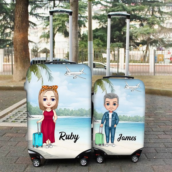Personalized Cartoon Beach Character Name Luggage Protective Cover Fits 18-32 Inches Suitcase with Concealed Zipper Travel Accessories Gift for Family