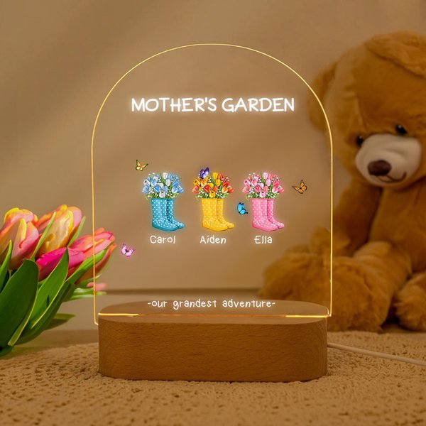 Personalizzato Our Grandest Adventure Stivali floreali 1-6 nomi Luce notturna a LED con testo e base in legno Home Decor Regalo per la festa della mamma nonna