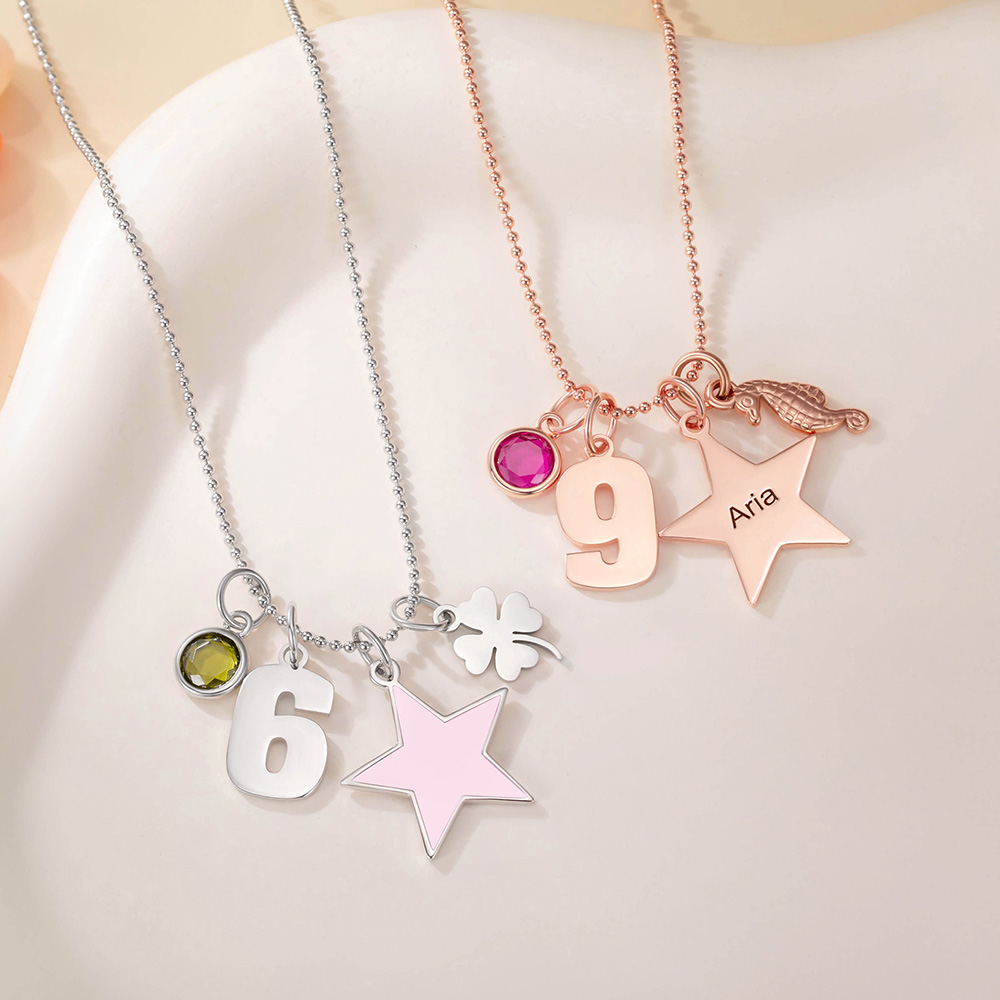 Collier Pendentif Personnalisé avec Motif Étoile Pierre de Naissance Numéro et Nom Gravé Cadeau Anniversaire pour Enfants Filles