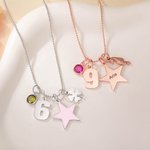 Personalized Star Heart Seahorse Ballerina Pendant Bead Chain Necklace with Birthstone Number and Engraved Name Birthday Gift for Kids Girls