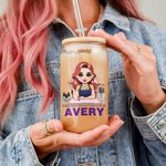 Personalised Cartoon Manicurist Name 20 oz Frosted or Clear Glass Cup with Lid and Straw Beauty Salon Opening Birthday Gift for Nail Technicians