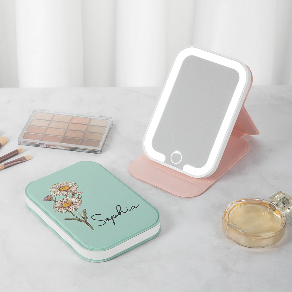 Miroir de maquillage LED tricolore avec nom Cadeau d'anniversaire pour les femmes, les filles et les demoiselles d'honneur