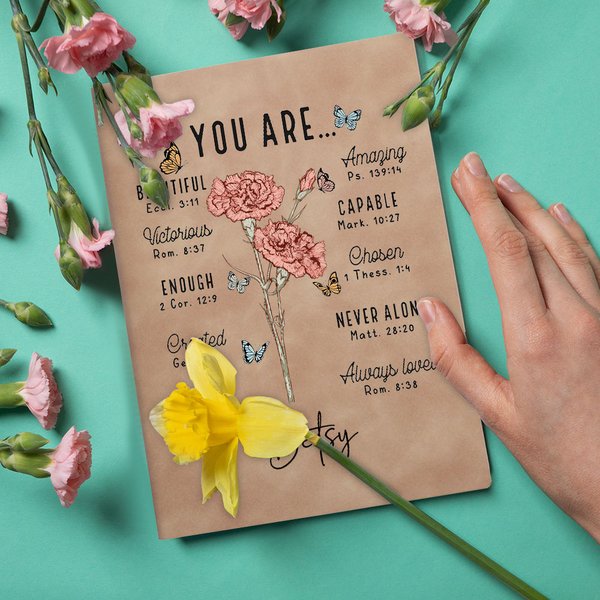 Personalized Birth Flower Bible Verse A5 A6 Leather Lined Notebook with Name Baptism Birthday Gift for Women Christians