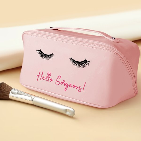 Personalised Eyelashes Leather Wide Opening Makeup Bag with Name Travel Accessory Birthday Gift for Her