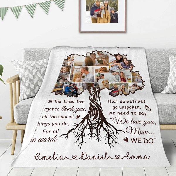 Personalized We Love You Photo Collage Tree Soft Throw Blanket with 1-10 Names Home Decor Birthday Mother's Day Gift for Mom Grandma Family