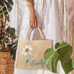 Personalized Retro Oil Painting Birth Flower with Birthstone Large Jute Tote Bag with Name Bridesmaid Mother's Day Birthday Gift for Women