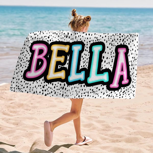 Personalized Dalmatian Dots Bright Neon Name Oversized Quick Dry Microfiber Beach Towel Beach Pool Party Birthday Gift for Kids Family