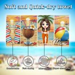 Personalizzato Summer Vibes Cartoon Beach Girl Asciugatura rapida Asciugamano da spiaggia morbido e sovradimensionato con nome Viaggio estivo Regalo di compleanno essenziale per le donne