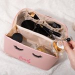 Personalised Eyelashes Leather Wide Opening Makeup Bag with Name Travel Accessory Birthday Gift for Her