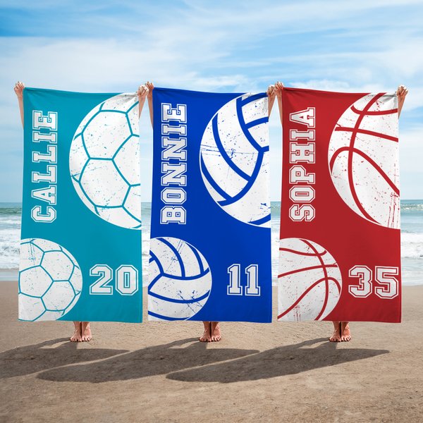 Personalised Basketball Football Oversized Quick Drying Beach Towel with Number and Name Travel Essential Birthday Gift for Ball Sport Lover