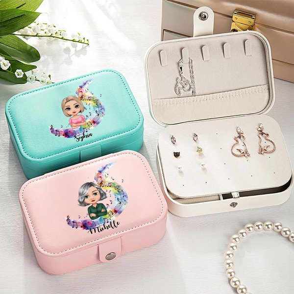 Personalised Musical Notes Cartoon Character Leather Jewellery Box with Name Portable Travel Essential Birthday Gift for Music Lovers
