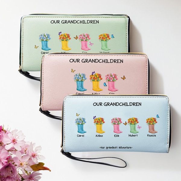 Personalizado Our Grandest Adventure Floral Botas de cuero de pulsera larga cartera con cremallera con 2-6 nombres Cumpleaños Día de la Madre de regalo para las mujeres