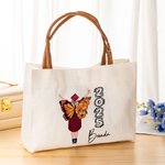 Personalisierte Geburt Blume Schmetterling Absolvent Ledergriff große Canvas Tote Bag mit Namen und Jahr Gratulation Graduierung Geschenk für Frauen