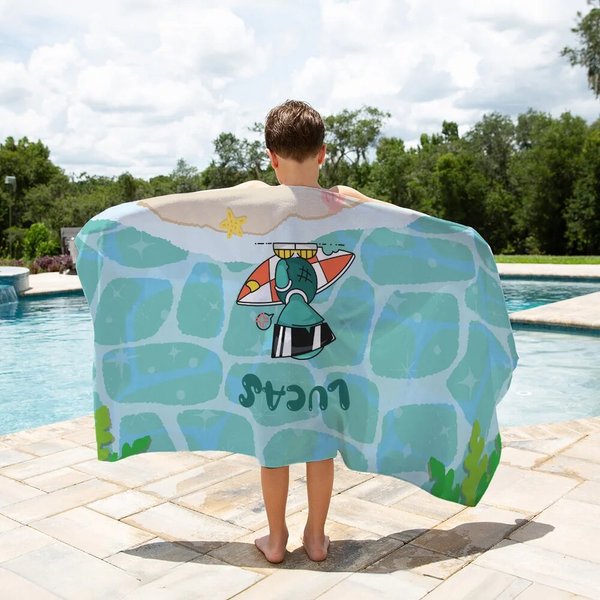 Toalla de playa personalizada con el nombre y de secado rápido diseño de animales marinos regalo de cumpleaños y fiesta en la piscina para niños
