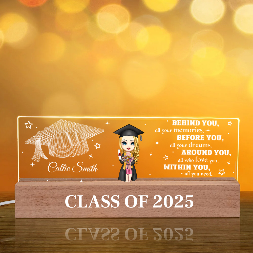 Veilleuse LED en acrylique personnalisée avec base en bois et nom Cadeau de fin d'études pour les diplômés de la promotion 2025