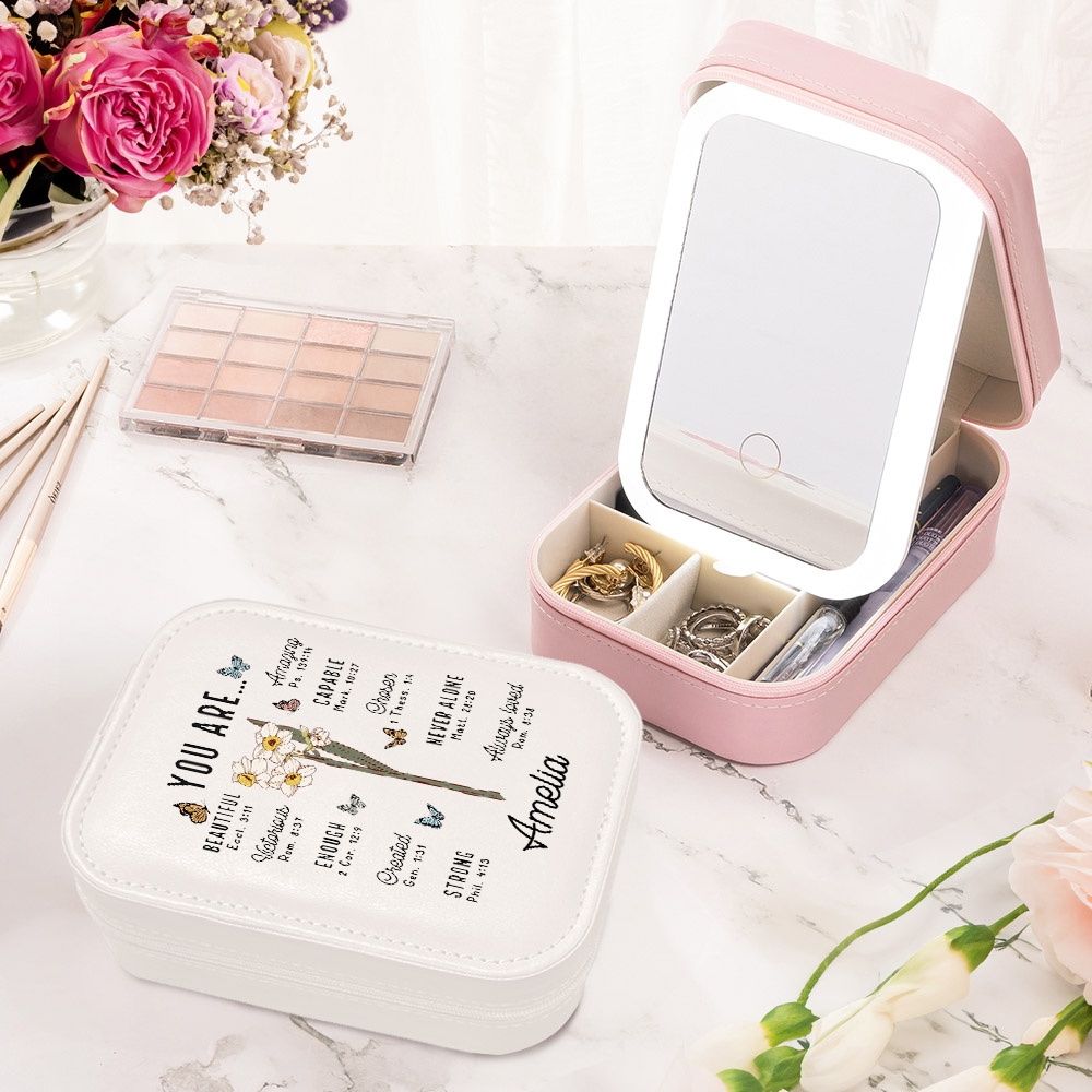 Boîte à bijoux en cuir avec miroir de maquillage LED ajustable Cadeau d'anniversaire essentiel pour les femmes