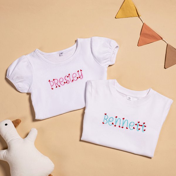 Personalised Love Heart Embroidered Name 100% Cotton Baby Bodysuit Kid T-shirt Birthday Anniversary Gift for Girls Boys