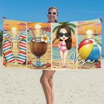 Personalizzato Summer Vibes Cartoon Beach Girl Asciugatura rapida Asciugamano da spiaggia morbido e sovradimensionato con nome Viaggio estivo Regalo di compleanno essenziale per le donne