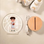 Personalised Cartoon Basketball Character Round LED Night Light with Name Number and Wooden Base Desk Decor Birthday Gift for Him