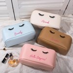Personalised Eyelashes Leather Wide Opening Makeup Bag with Name Travel Accessory Birthday Gift for Her