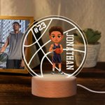 Personalised Cartoon Basketball Character Round LED Night Light with Name Number and Wooden Base Desk Decor Birthday Gift for Him