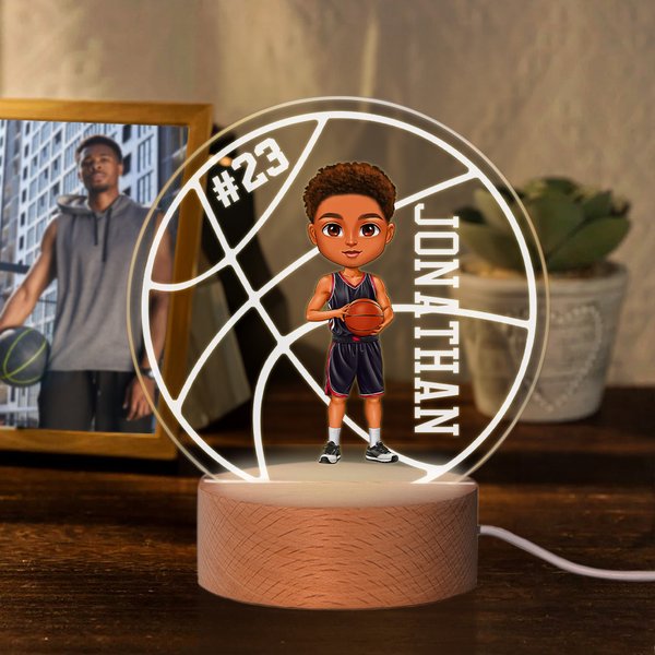 Personalised Cartoon Basketball Character Round LED Night Light with Name Number and Wooden Base Desk Decor Birthday Gift for Him