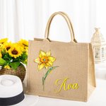 Personalized Retro Oil Painting Birth Flower with Birthstone Large Jute Tote Bag with Name Bridesmaid Mother's Day Birthday Gift for Women