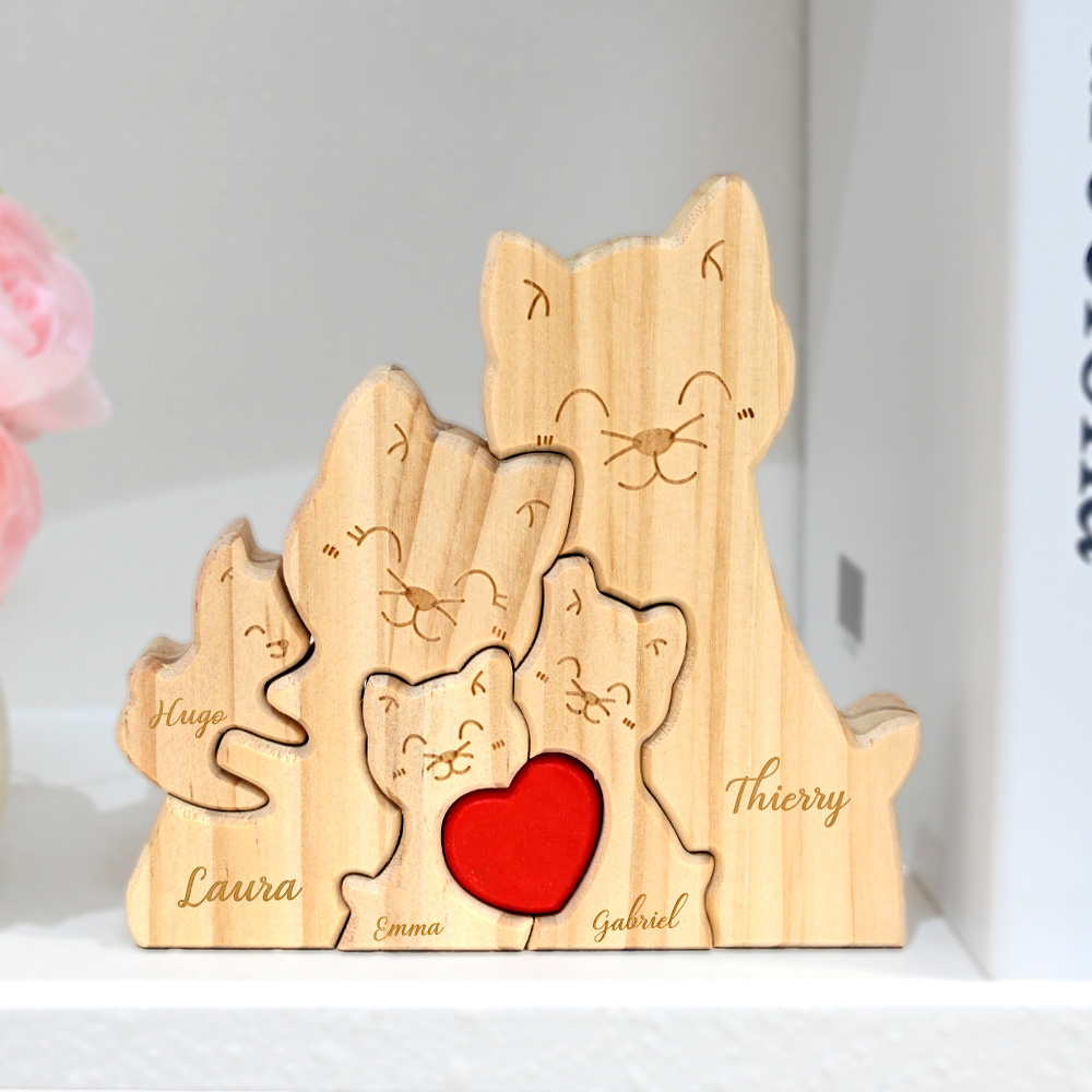 Puzzle en Bois avec 2-5 Noms Personnalisés Design de Chats Cœur Rouge Cadeau Fête des Mères Anniversaire pour Maman Famille Couple