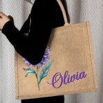 Personalized Retro Oil Painting Birth Flower with Birthstone Large Jute Tote Bag with Name Bridesmaid Mother's Day Birthday Gift for Women