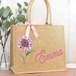 Personalized Retro Oil Painting Birth Flower with Birthstone Large Jute Tote Bag with Name Bridesmaid Mother's Day Birthday Gift for Women