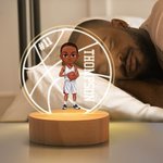 Personalised Cartoon Basketball Character Round LED Night Light with Name Number and Wooden Base Desk Decor Birthday Gift for Him