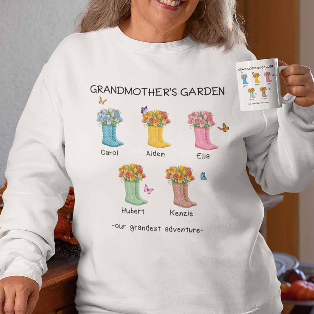 Sweat personnalisé Our Gardest Adventure Floral Boots Adult Sweatshirt with Title and 1-6 Names Mother's Day Birthday Gift for Mom Grandma
