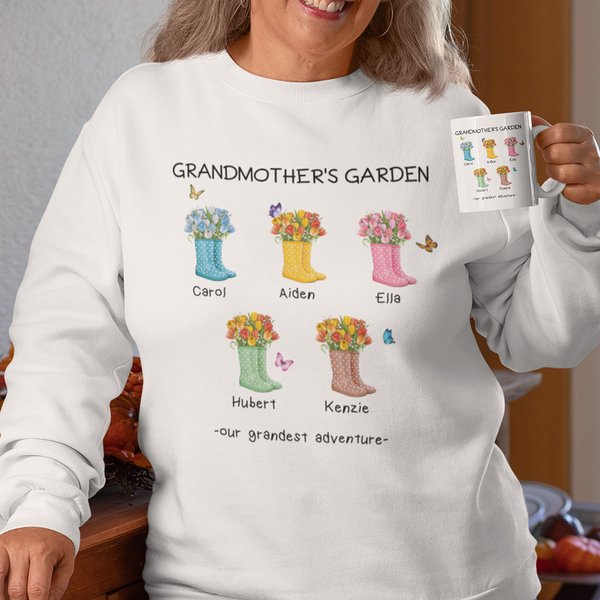 Sweat personnalisé Our Gardest Adventure Floral Boots Adult Sweatshirt with Title and 1-6 Names Mother's Day Birthday Gift for Mom Grandma