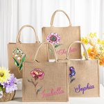 Personalized Retro Oil Painting Birth Flower with Birthstone Large Jute Tote Bag with Name Bridesmaid Mother's Day Birthday Gift for Women