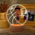 Personalised Cartoon Basketball Character Round LED Night Light with Name Number and Wooden Base Desk Decor Birthday Gift for Him