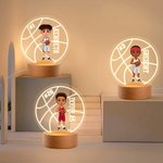 Personalised Cartoon Basketball Character Round LED Night Light with Name Number and Wooden Base Desk Decor Birthday Gift for Him