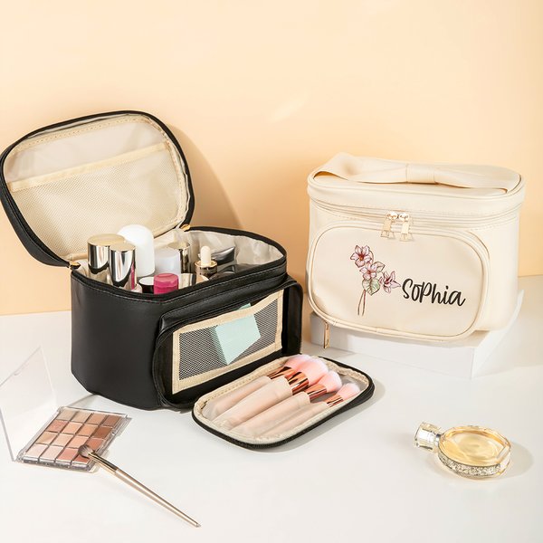 Personalizado Retro Nacimiento Flor PU Cuero Grande Bolsa de Maquillaje con Nombre Multi-compartimiento Día de la Madre Regalo de cumpleaños para las mujeres