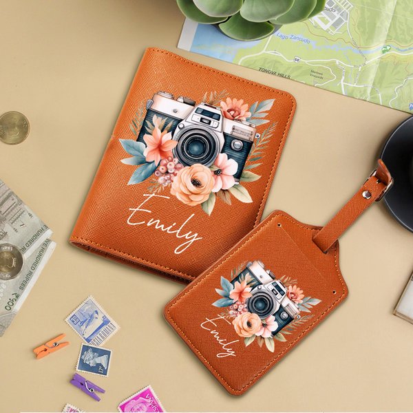 Personalised Floral Vintage Camera Leather Passport Holder Luggage Tag Set with Name Travel Accessories Birthday Gift for Travel Lovers Photographers