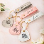 Personalised Birth Flower Leather Heart Name Tag Keychain Backpack Accessories Mother's Day Birthday Gift for Women Bridesmaids