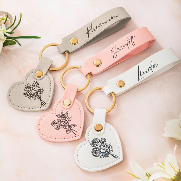 Personalized Birth Flower Leather Heart Name Tag Keychain Backpack Accessories Mother's Day Birthday Gift for Women Bridesmaids