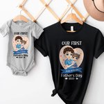 Personalized Cartoon Dad Holding Baby 100% Cotton Baby Bodysuit Matching T-shirt with Name and Year Family Outfit First Father's Day Gift for Dad Baby