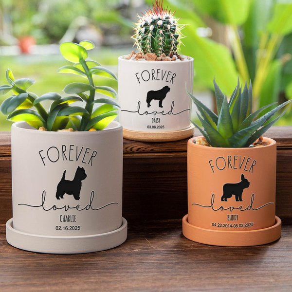 Personalised Dog Silhouette Forever Love Ceramic Succulent Plant Pot with Name and Bamboo Base Memorial Loss of Pey Gift for Dog Owners