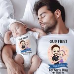 Personalized Cartoon Dad Holding Baby 100% Cotton Baby Bodysuit Matching T-shirt with Name and Year Family Outfit First Father's Day Gift for Dad Baby