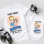 Personalized Cartoon Dad Holding Baby 100% Cotton Baby Bodysuit Matching T-shirt with Name and Year Family Outfit First Father's Day Gift for Dad Baby
