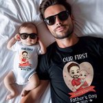 Personalized Cartoon Dad Holding Baby 100% Cotton Baby Bodysuit Matching T-shirt with Name and Year Family Outfit First Father's Day Gift for Dad Baby