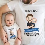 Personalized Cartoon Dad Holding Baby 100% Cotton Baby Bodysuit Matching T-shirt with Name and Year Family Outfit First Father's Day Gift for Dad Baby
