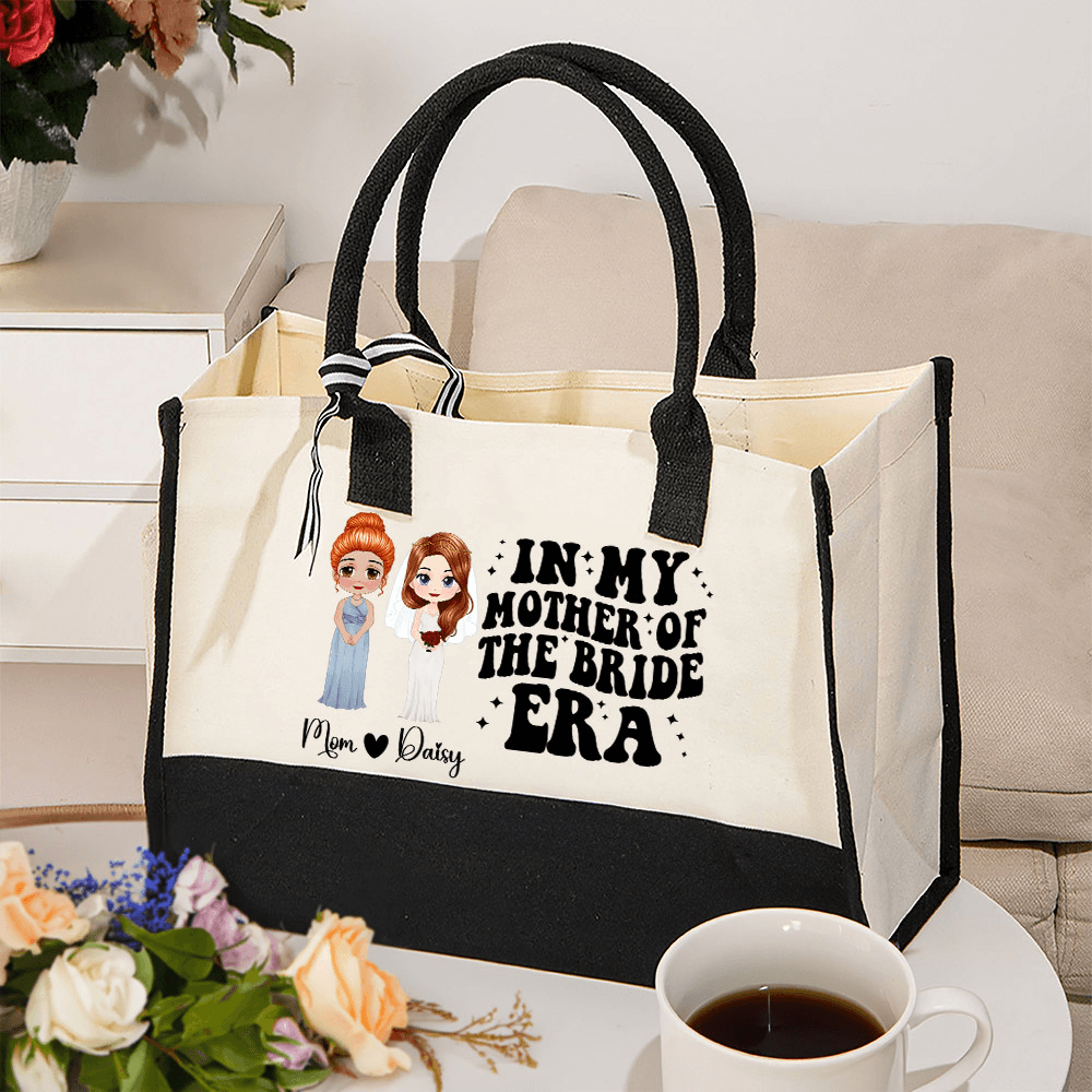 Personalized Cartoon Character Tote Bag with Name, Custom Mother of the Bride Large Capacity Canvas Bag, Wedding Keepsake, Wedding Gift for Mom/Women